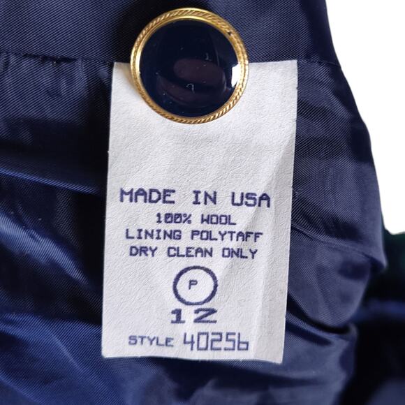 Vintage 90s Bleyle Wool Tweed Jacket 12 Green Blue Diamond Print Collared Blazer - Picture 9 of 9